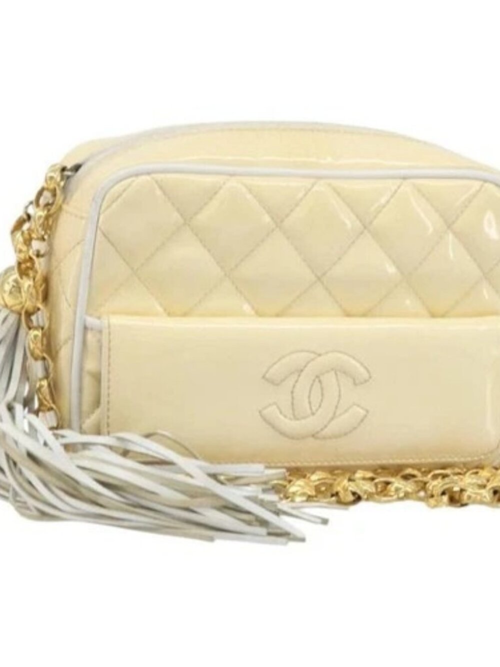 CHANEL Chain Shoulder Bag Patent leather Beige Gold CC Auth ka3145